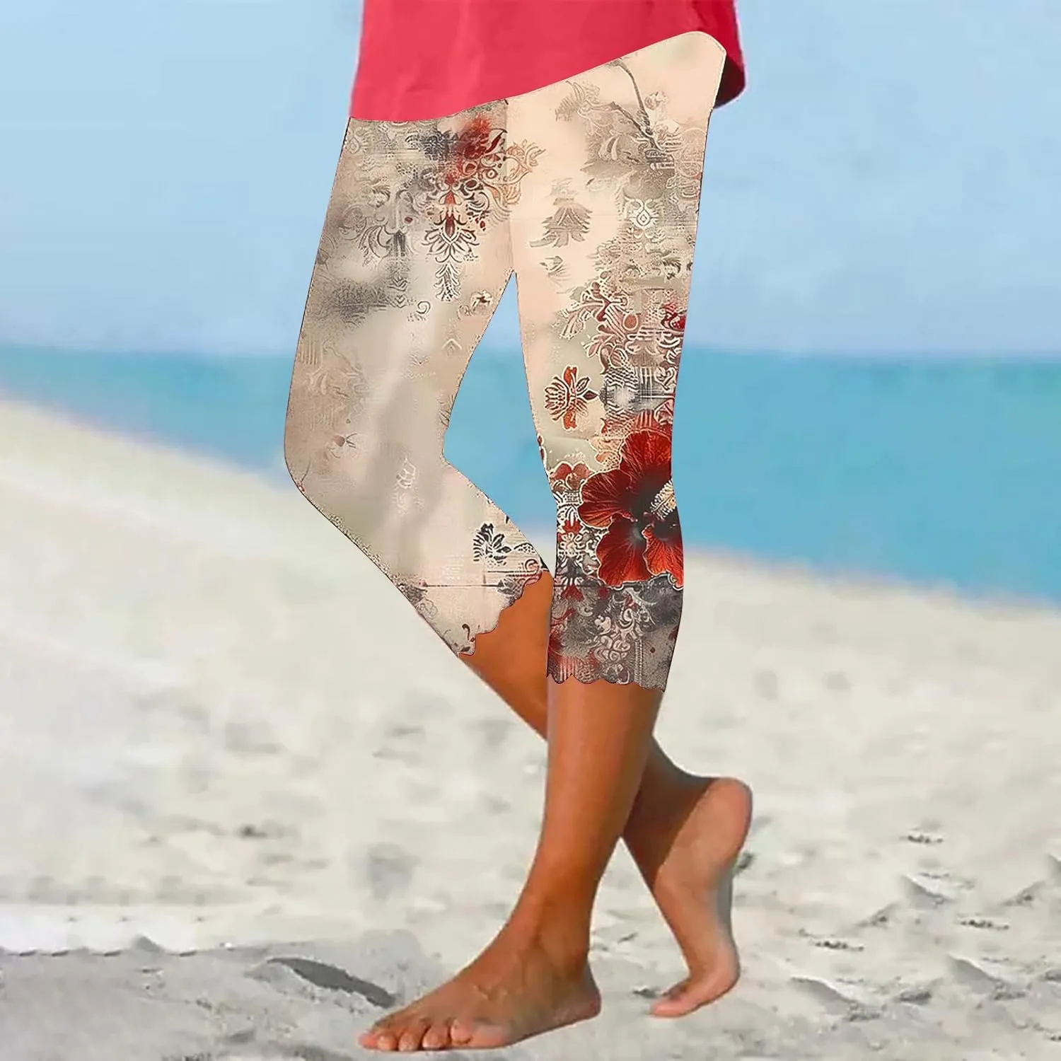 Capri Leggings for Women Floral Print High Waist Tummy Control Capris Comfy Stretch Cropped Yoga Pants Summer Outfits