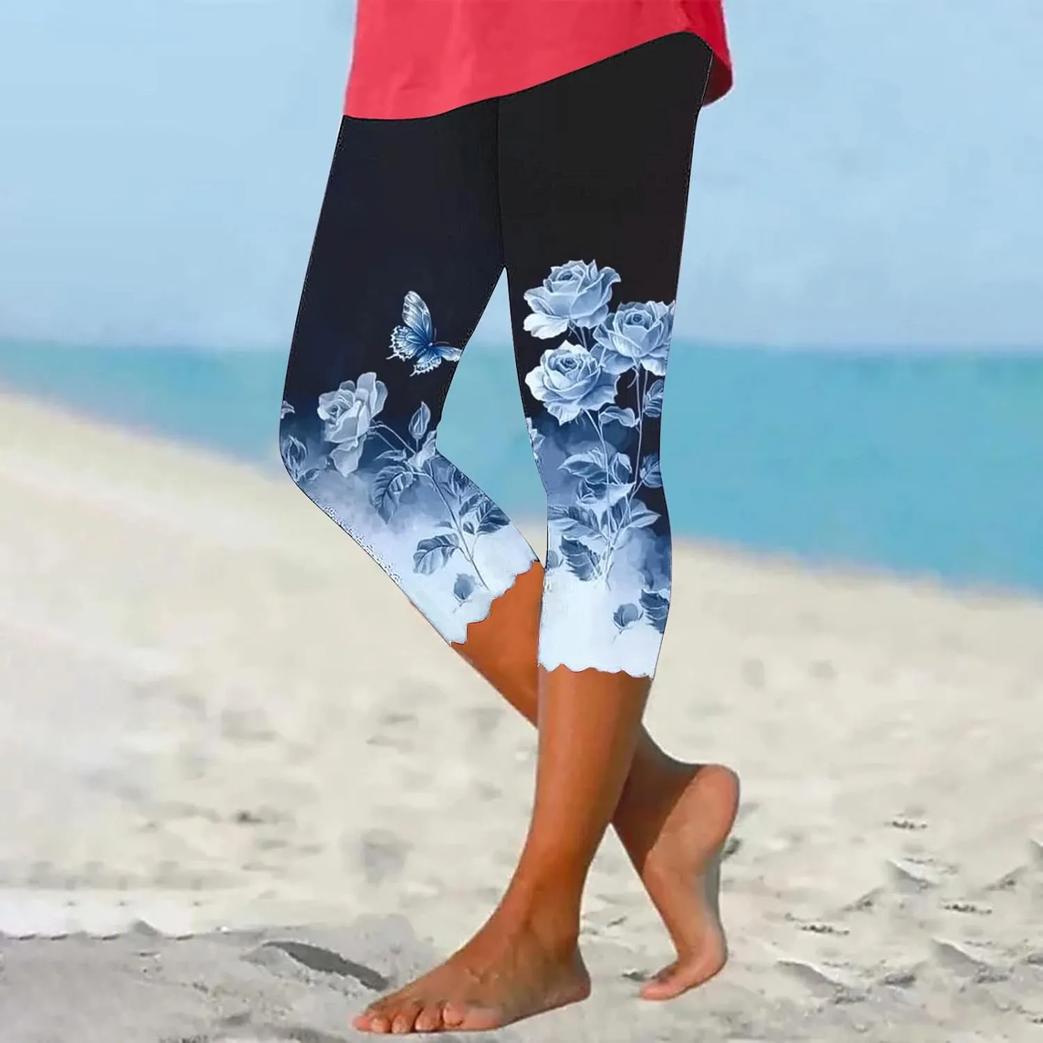 Capri Leggings for Women Floral Print High Waist Tummy Control Capris Comfy Stretch Cropped Yoga Pants Summer Outfits