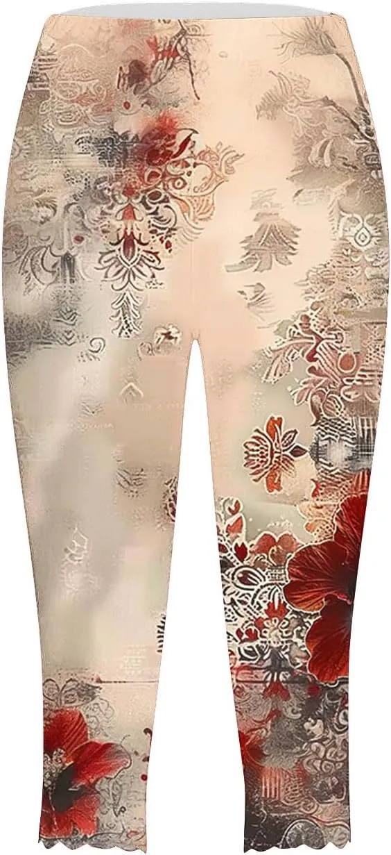Capri Leggings for Women Floral Print High Waist Tummy Control Capris Comfy Stretch Cropped Yoga Pants Summer Outfits