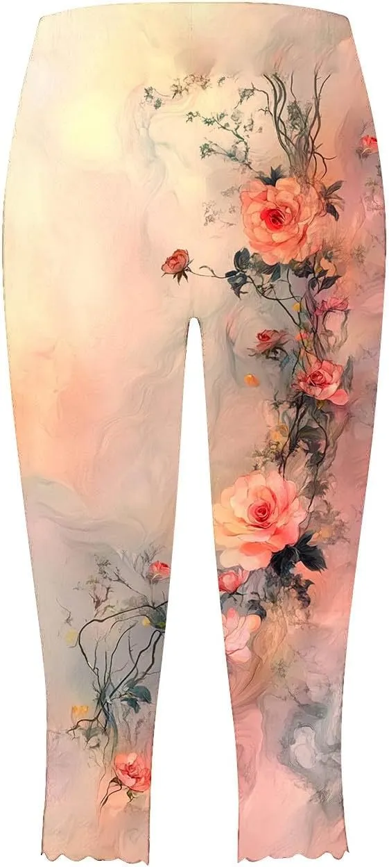 Capri Leggings for Women Floral Print High Waist Tummy Control Capris Comfy Stretch Cropped Yoga Pants Summer Outfits