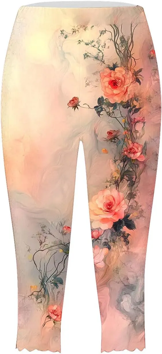 Capri Leggings for Women Floral Print High Waist Tummy Control Capris Comfy Stretch Cropped Yoga Pants Summer Outfits