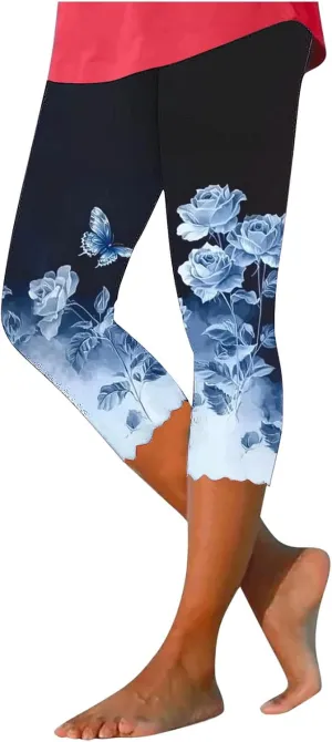 Capri Leggings for Women Floral Print High Waist Tummy Control Capris Comfy Stretch Cropped Yoga Pants Summer Outfits