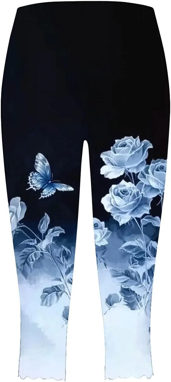 Capri Leggings for Women Floral Print High Waist Tummy Control Capris Comfy Stretch Cropped Yoga Pants Summer Outfits