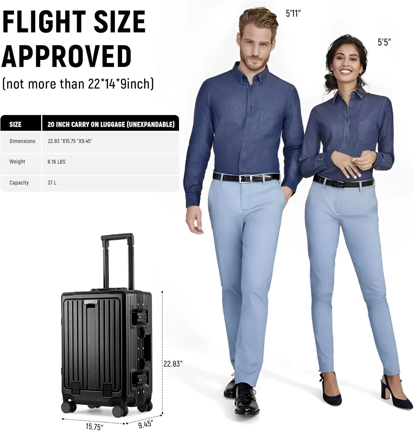 Carry On Luggage 22x14x9 Airline Approved, Zipperless Luggage Carry On with Compartment 20" Hard Shell Suitcases, ABS Aluminum Carry On Suitcases with Spinner Wheels, TSA Lock 37L