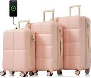 Carry-on Luggage Set, ABS Hardshell Luggage with Cup Holder, Luggage with Spinner Wheels, Rolling Travel Suitcase with USB Port TSA Lock (Tender Pink, 3-Piece Set (20/24/28))