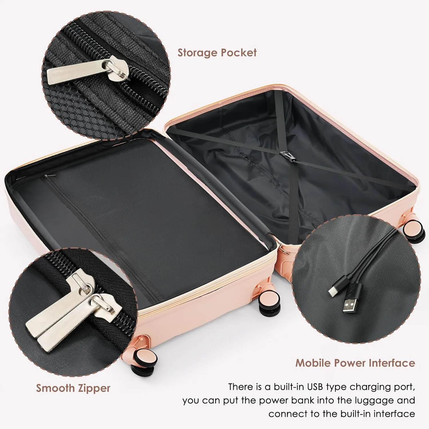 Carry-on Luggage Set, ABS Hardshell Luggage with Cup Holder, Luggage with Spinner Wheels, Rolling Travel Suitcase with USB Port TSA Lock (Tender Pink, 3-Piece Set (20/24/28))