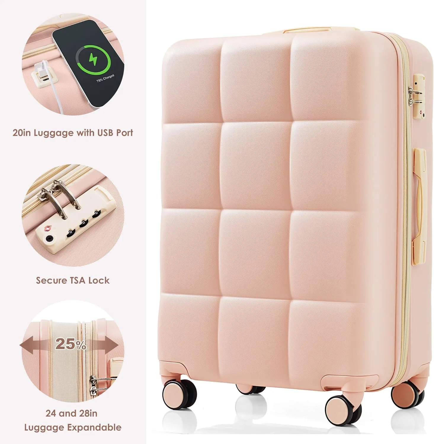 Carry-on Luggage Set, ABS Hardshell Luggage with Cup Holder, Luggage with Spinner Wheels, Rolling Travel Suitcase with USB Port TSA Lock (Tender Pink, 3-Piece Set (20/24/28))