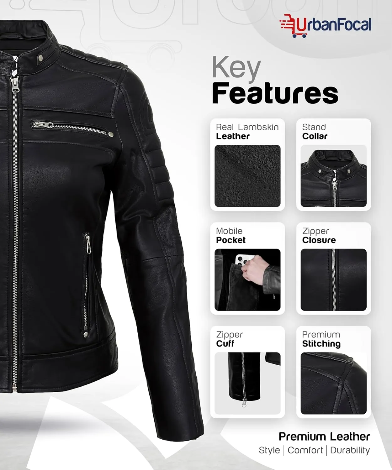 Casual Outerwear Real Lambskin Motorcycle Jackets Womens- Classic Biker Style Stand Collar Leather Jacket Women
