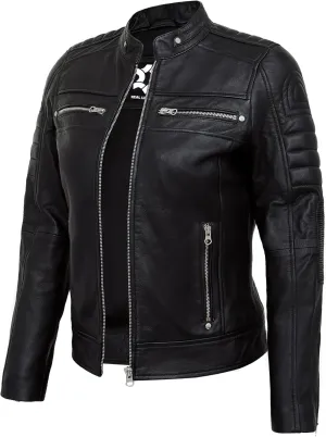 Casual Outerwear Real Lambskin Motorcycle Jackets Womens- Classic Biker Style Stand Collar Leather Jacket Women