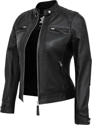 Casual Outerwear Real Lambskin Motorcycle Jackets Womens- Classic Biker Style Stand Collar Leather Jacket Women