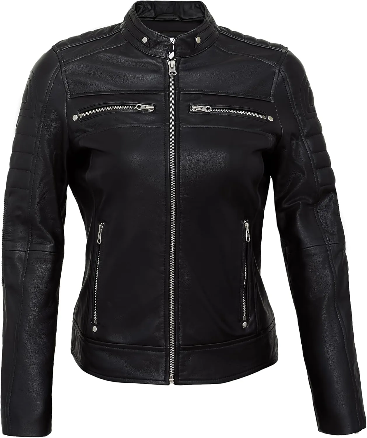 Casual Outerwear Real Lambskin Motorcycle Jackets Womens- Classic Biker Style Stand Collar Leather Jacket Women