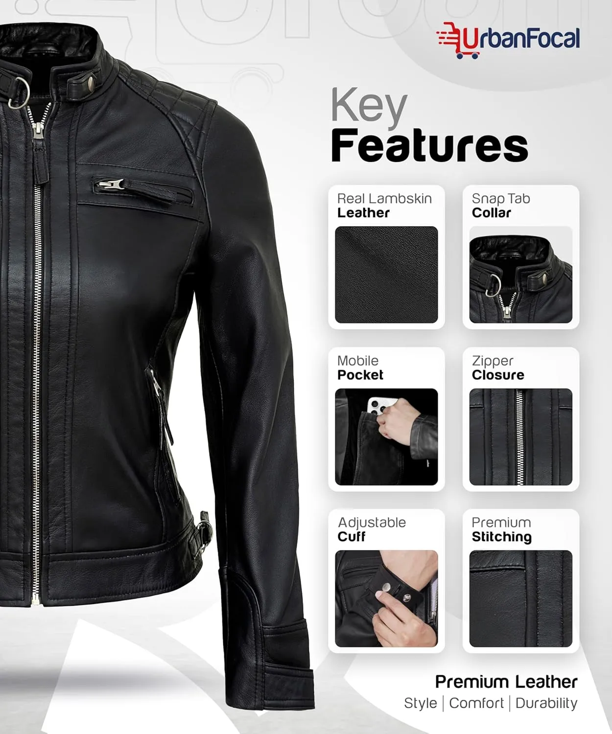 Casual Outerwear Real Lambskin Motorcycle Jackets Womens- Classic Biker Style Stand Collar Leather Jacket Women