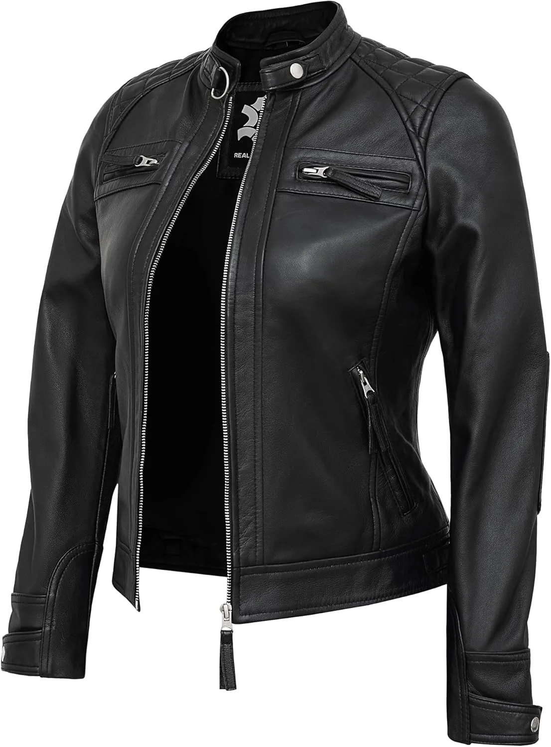 Casual Outerwear Real Lambskin Motorcycle Jackets Womens- Classic Biker Style Stand Collar Leather Jacket Women