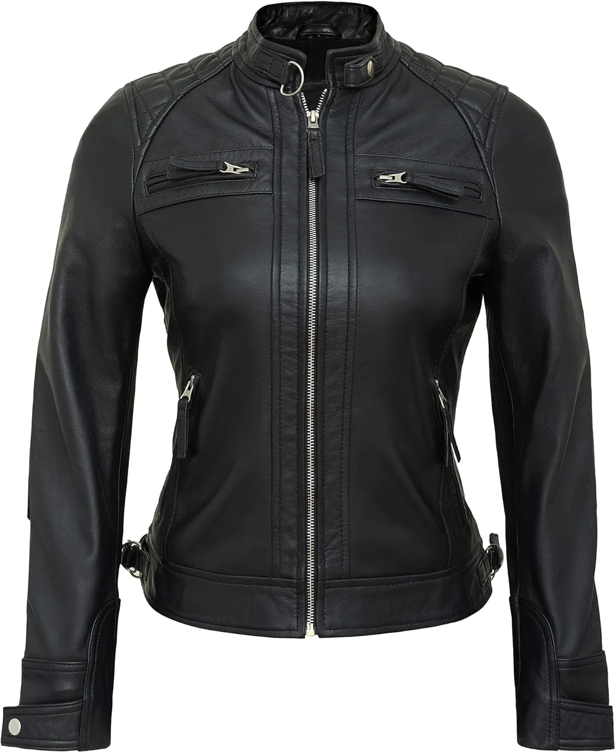 Casual Outerwear Real Lambskin Motorcycle Jackets Womens- Classic Biker Style Stand Collar Leather Jacket Women