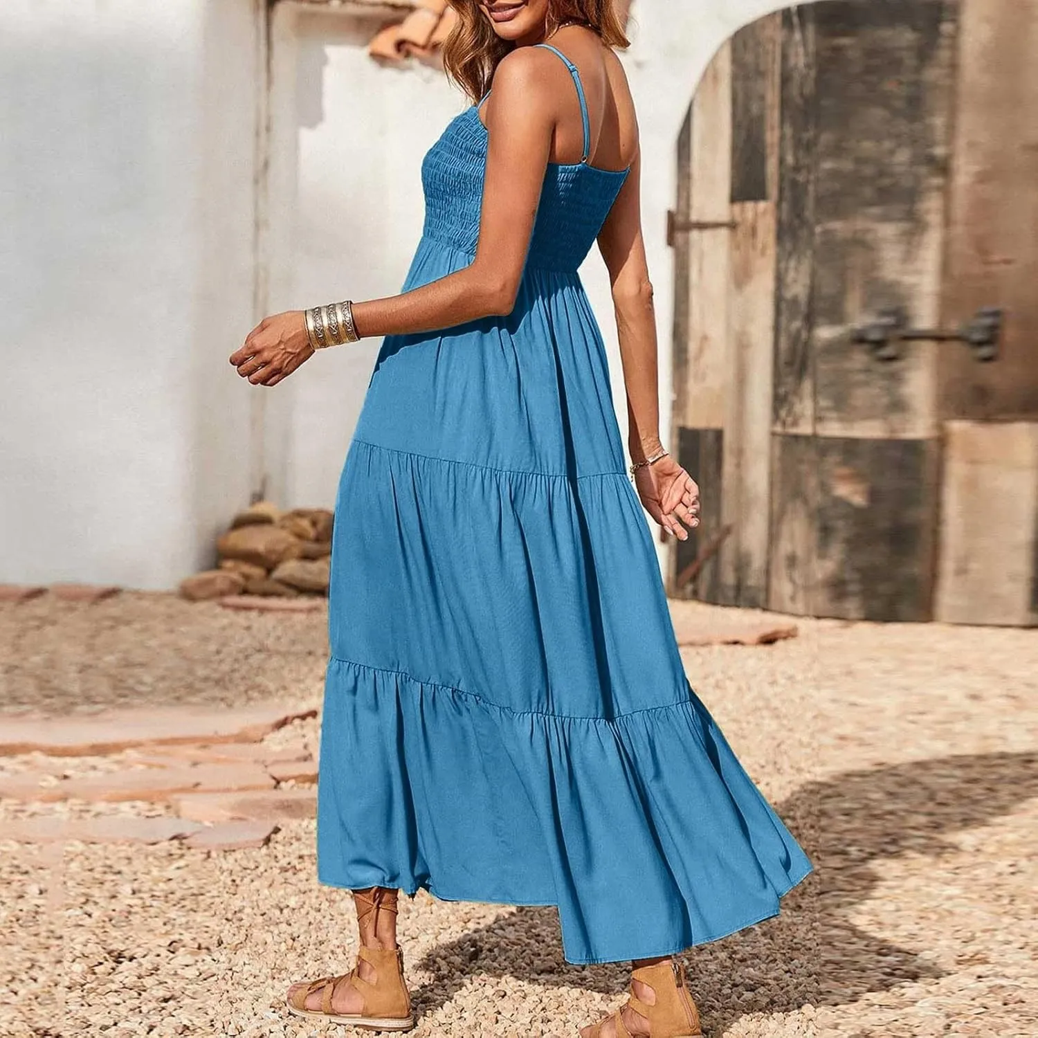Ceboyel Sundresses for Women 2023 Spaghetti Strap Summer Maxi Long Dress Smocked Casual Sun Dresses Trendy Beach Clothing