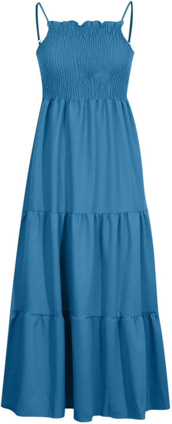 Ceboyel Sundresses for Women 2023 Spaghetti Strap Summer Maxi Long Dress Smocked Casual Sun Dresses Trendy Beach Clothing