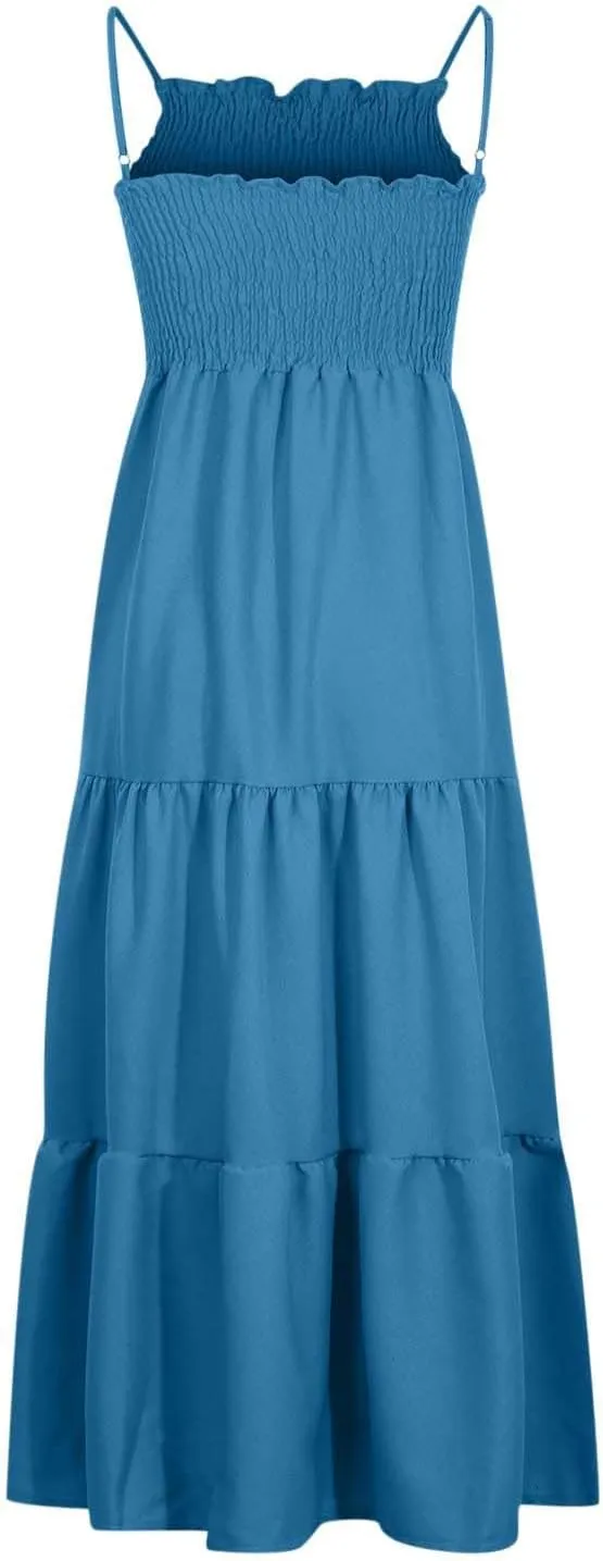 Ceboyel Sundresses for Women 2023 Spaghetti Strap Summer Maxi Long Dress Smocked Casual Sun Dresses Trendy Beach Clothing