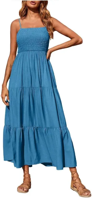 Ceboyel Sundresses for Women 2023 Spaghetti Strap Summer Maxi Long Dress Smocked Casual Sun Dresses Trendy Beach Clothing