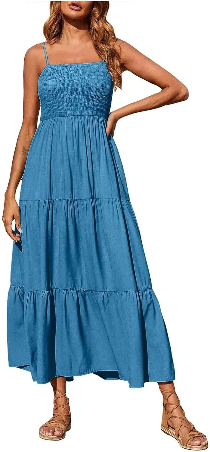 Ceboyel Sundresses for Women 2023 Spaghetti Strap Summer Maxi Long Dress Smocked Casual Sun Dresses Trendy Beach Clothing