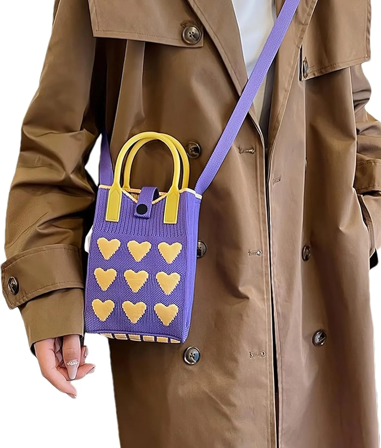 Cell Phone Crossbody Bag for Women with Heart Pattern Little Crochet Pouch Tote Handbag with Buckle