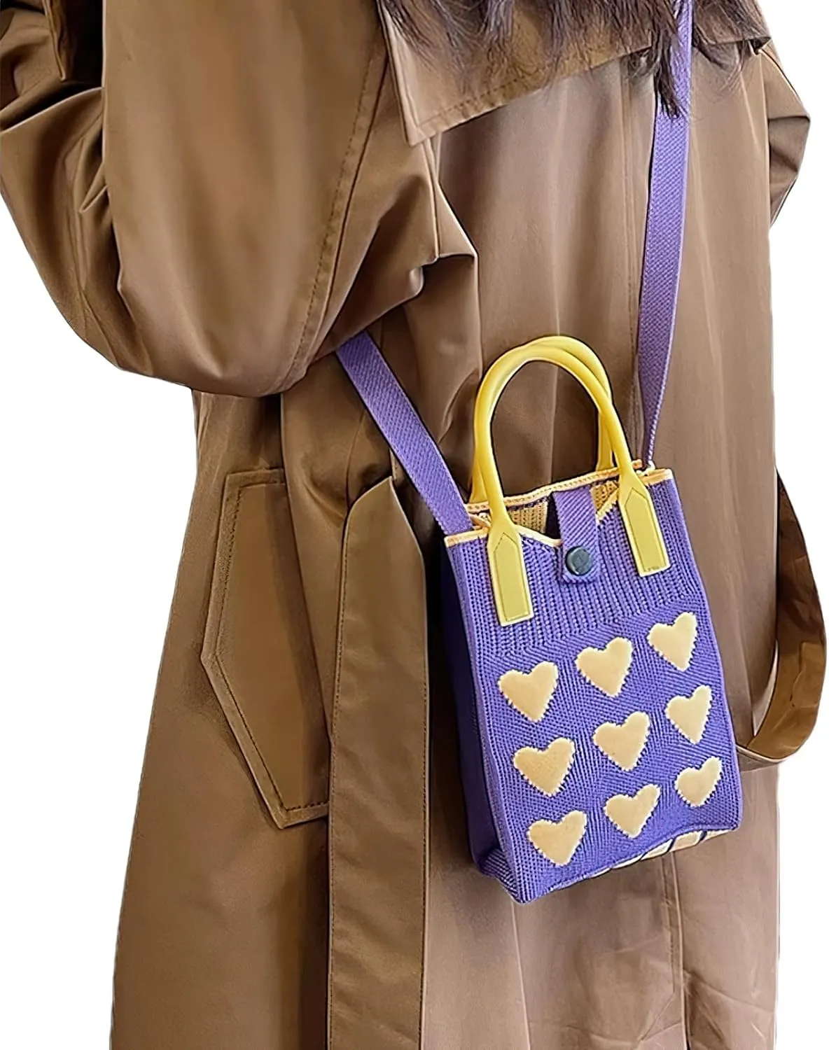 Cell Phone Crossbody Bag for Women with Heart Pattern Little Crochet Pouch Tote Handbag with Buckle