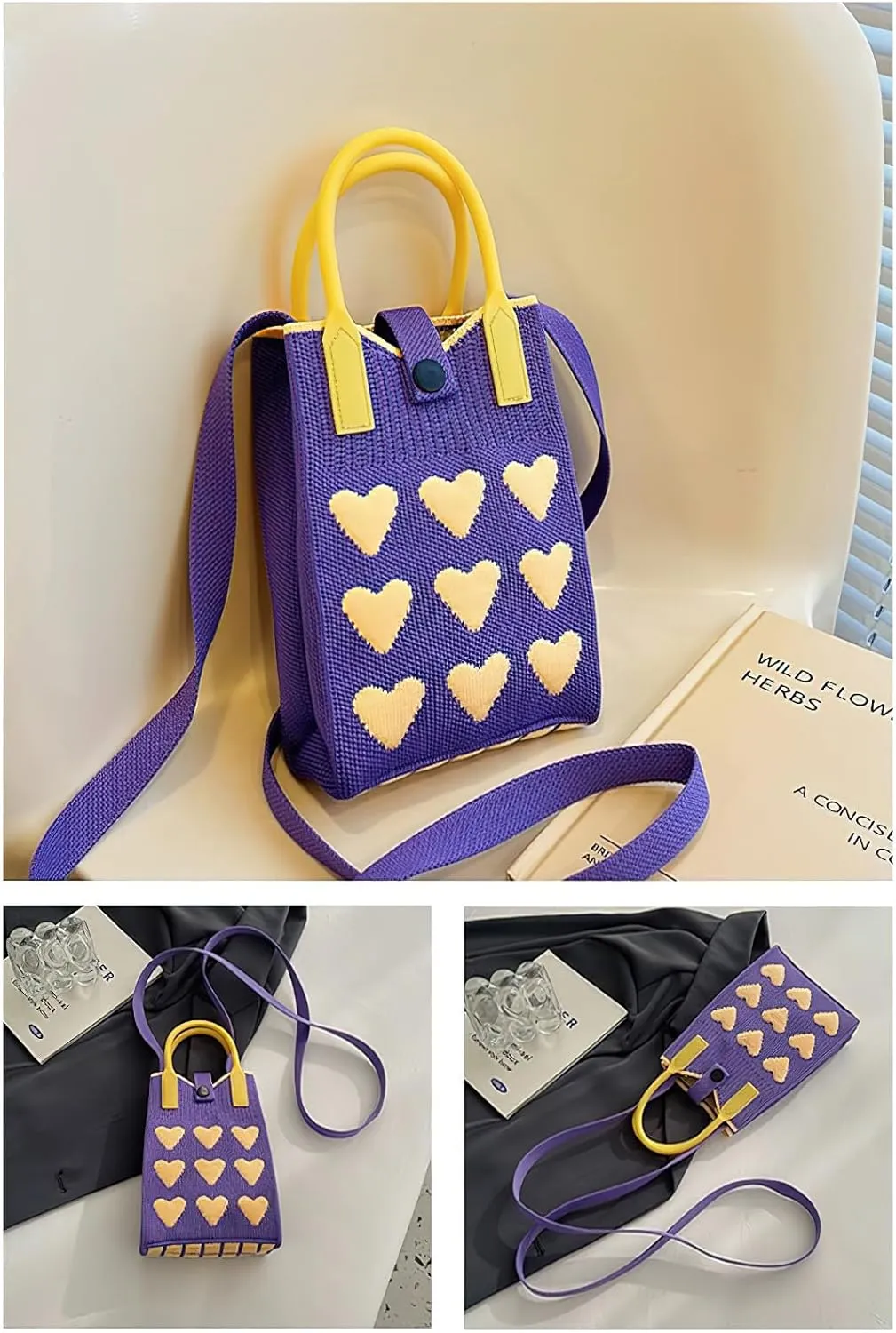 Cell Phone Crossbody Bag for Women with Heart Pattern Little Crochet Pouch Tote Handbag with Buckle