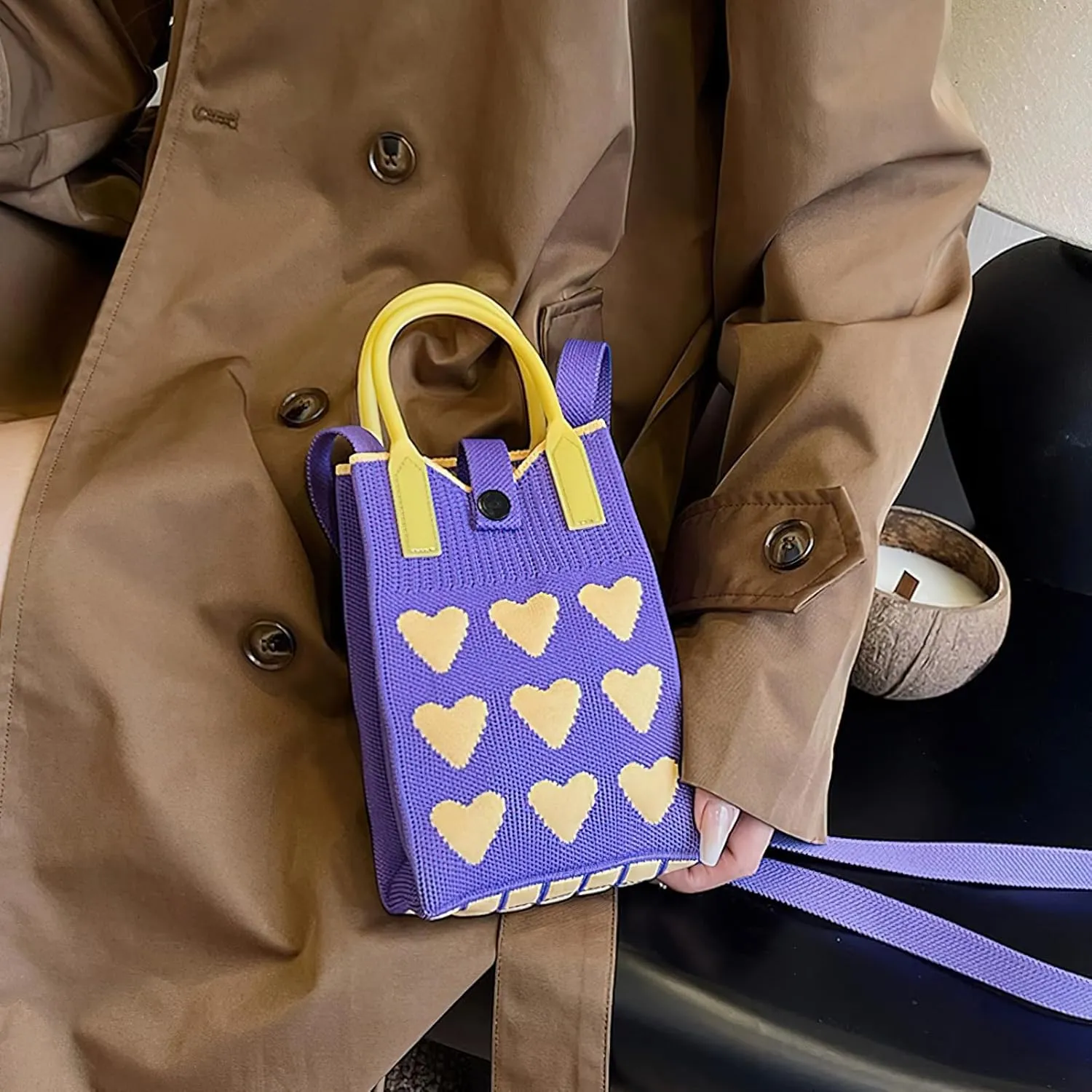 Cell Phone Crossbody Bag for Women with Heart Pattern Little Crochet Pouch Tote Handbag with Buckle