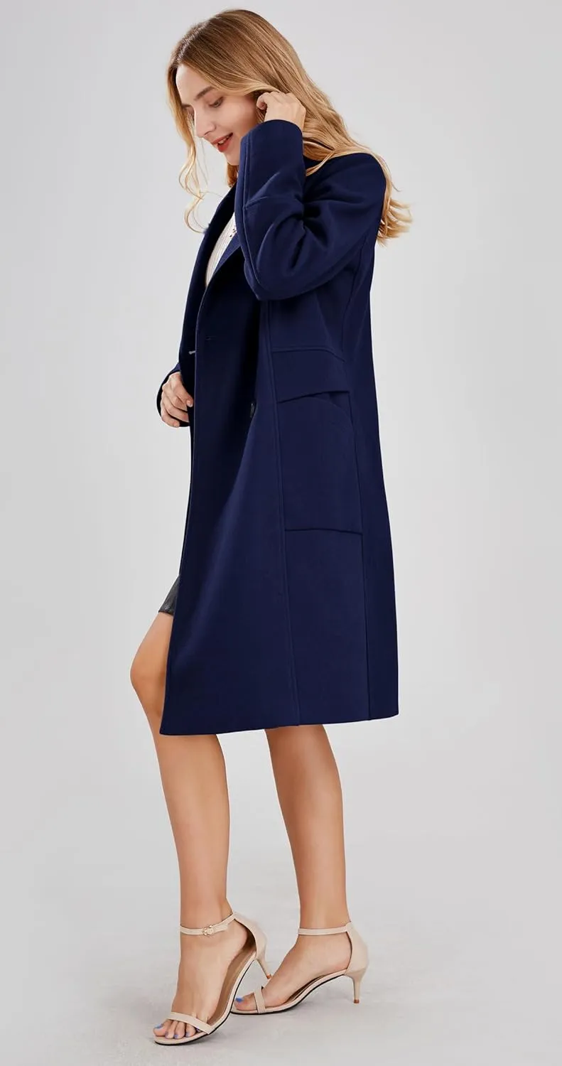 chouyatou Women's Basic Essential Double Breasted Mid-Long Wool Blend Pea Coat