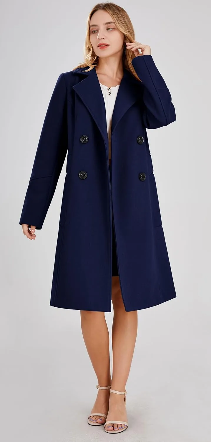 chouyatou Women's Basic Essential Double Breasted Mid-Long Wool Blend Pea Coat