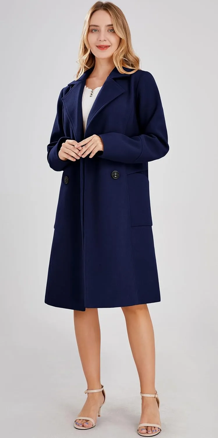 chouyatou Women's Basic Essential Double Breasted Mid-Long Wool Blend Pea Coat