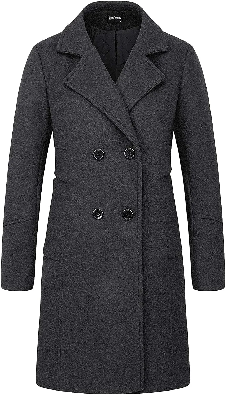 chouyatou Women's Basic Essential Double Breasted Mid-Long Wool Blend Pea Coat
