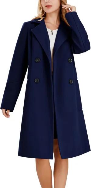 chouyatou Women's Basic Essential Double Breasted Mid-Long Wool Blend Pea Coat