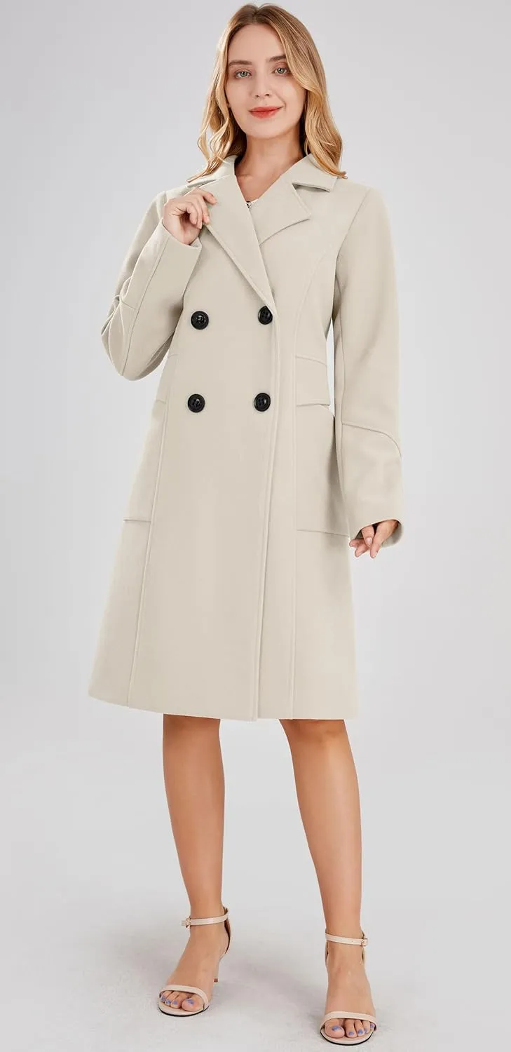 chouyatou Women's Basic Essential Double Breasted Mid-Long Wool Blend Pea Coat