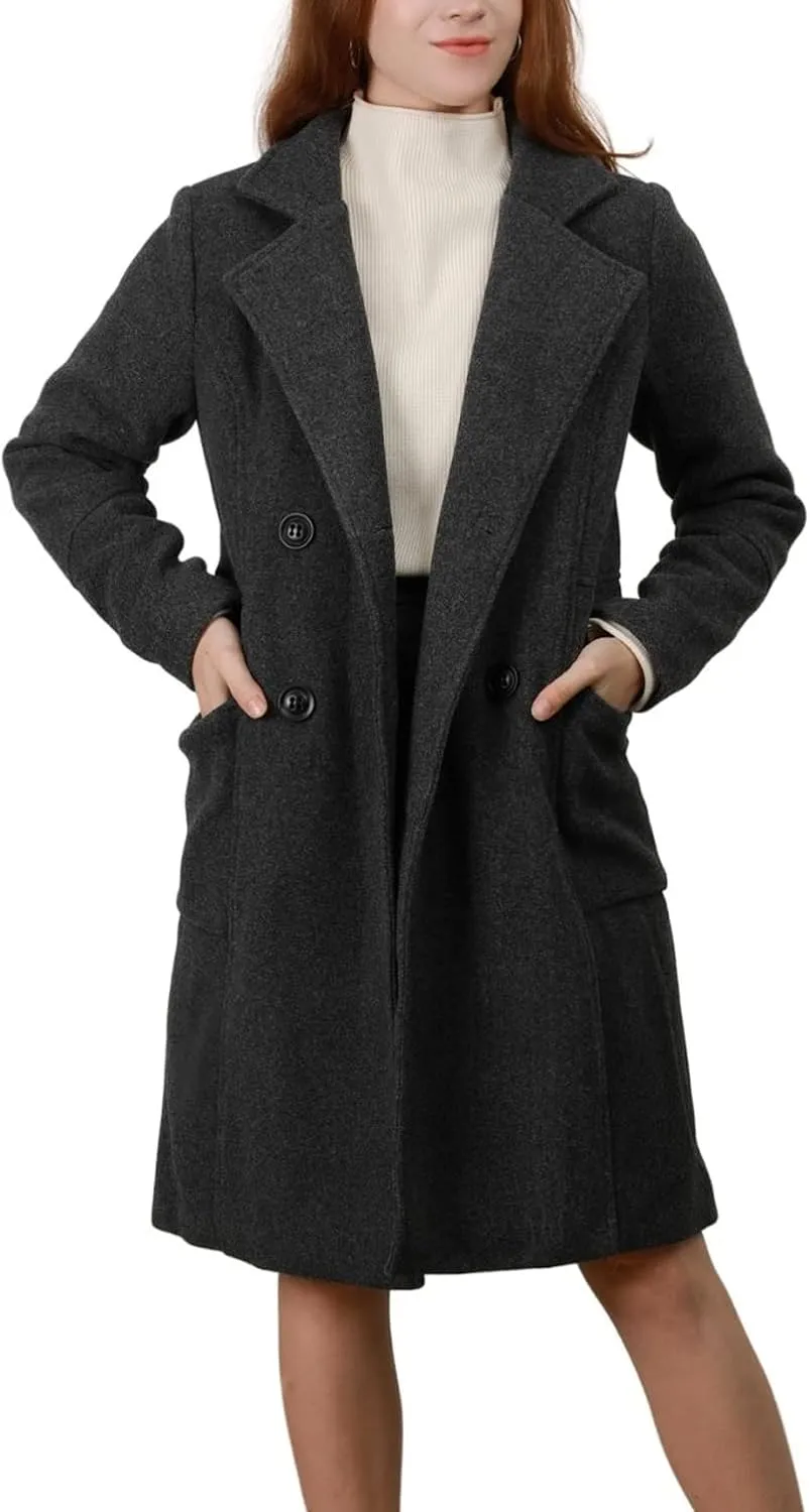 chouyatou Women's Basic Essential Double Breasted Mid-Long Wool Blend Pea Coat