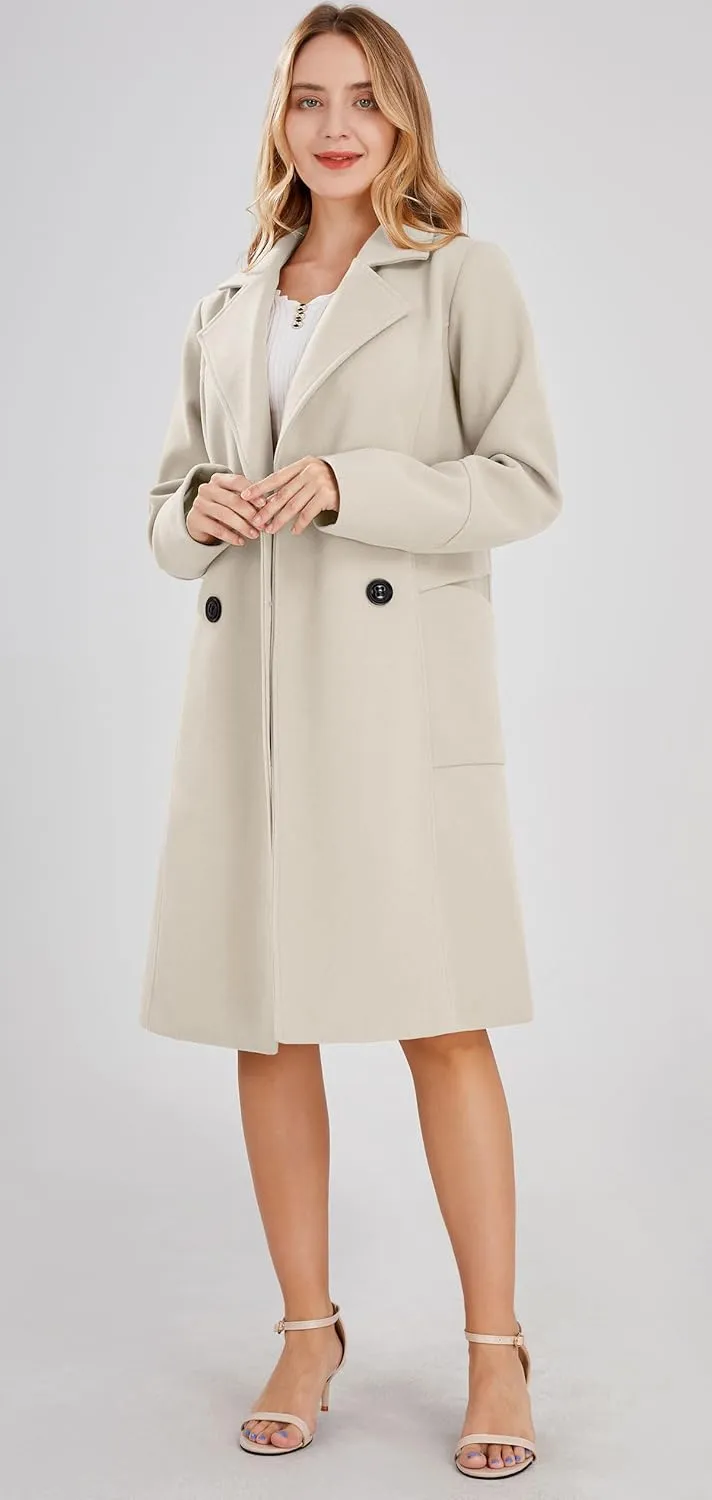 chouyatou Women's Basic Essential Double Breasted Mid-Long Wool Blend Pea Coat