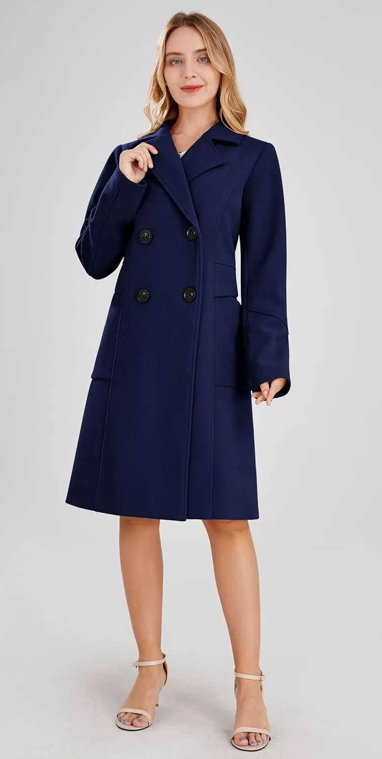 chouyatou Women's Basic Essential Double Breasted Mid-Long Wool Blend Pea Coat
