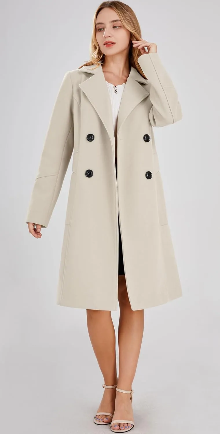chouyatou Women's Basic Essential Double Breasted Mid-Long Wool Blend Pea Coat