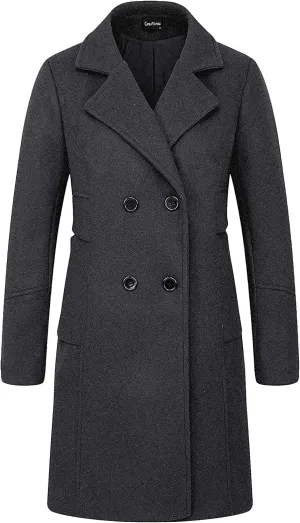 chouyatou Women's Basic Essential Double Breasted Mid-Long Wool Blend Pea Coat
