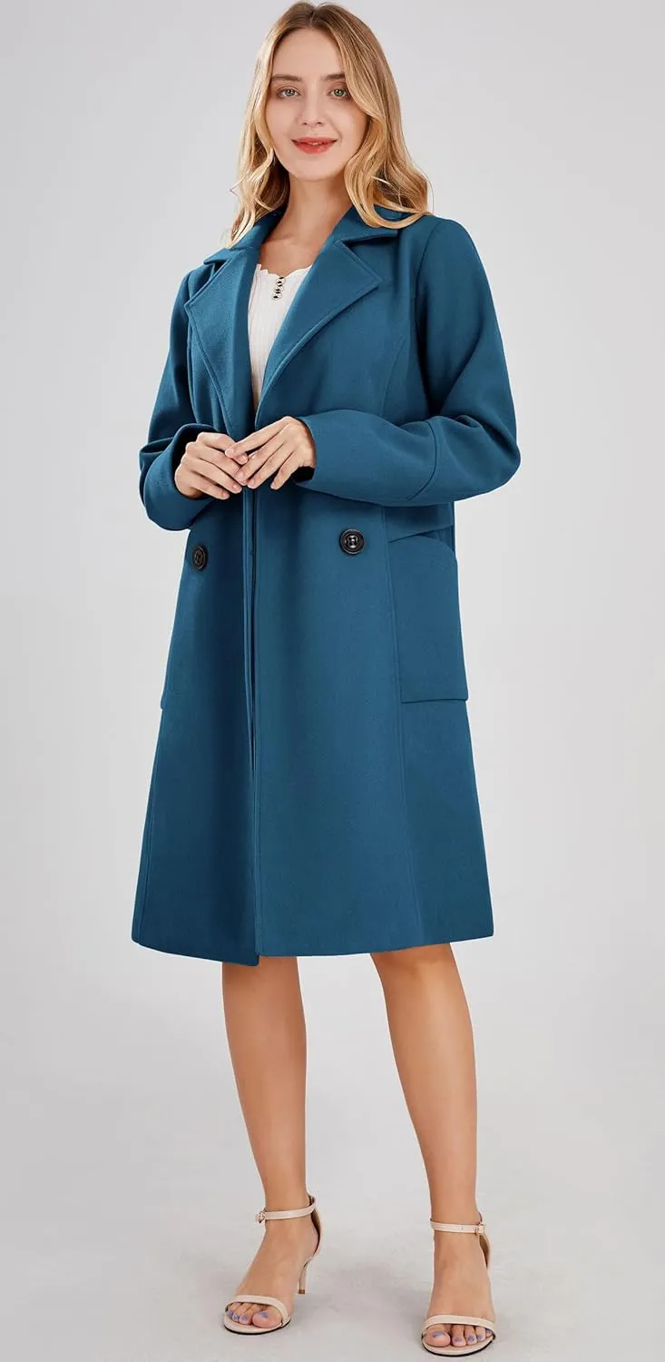 chouyatou Women's Basic Essential Double Breasted Mid-Long Wool Blend Pea Coat