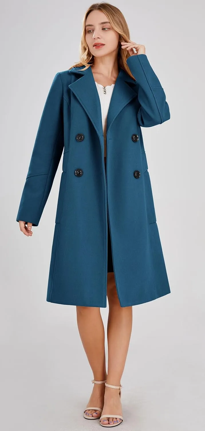 chouyatou Women's Basic Essential Double Breasted Mid-Long Wool Blend Pea Coat