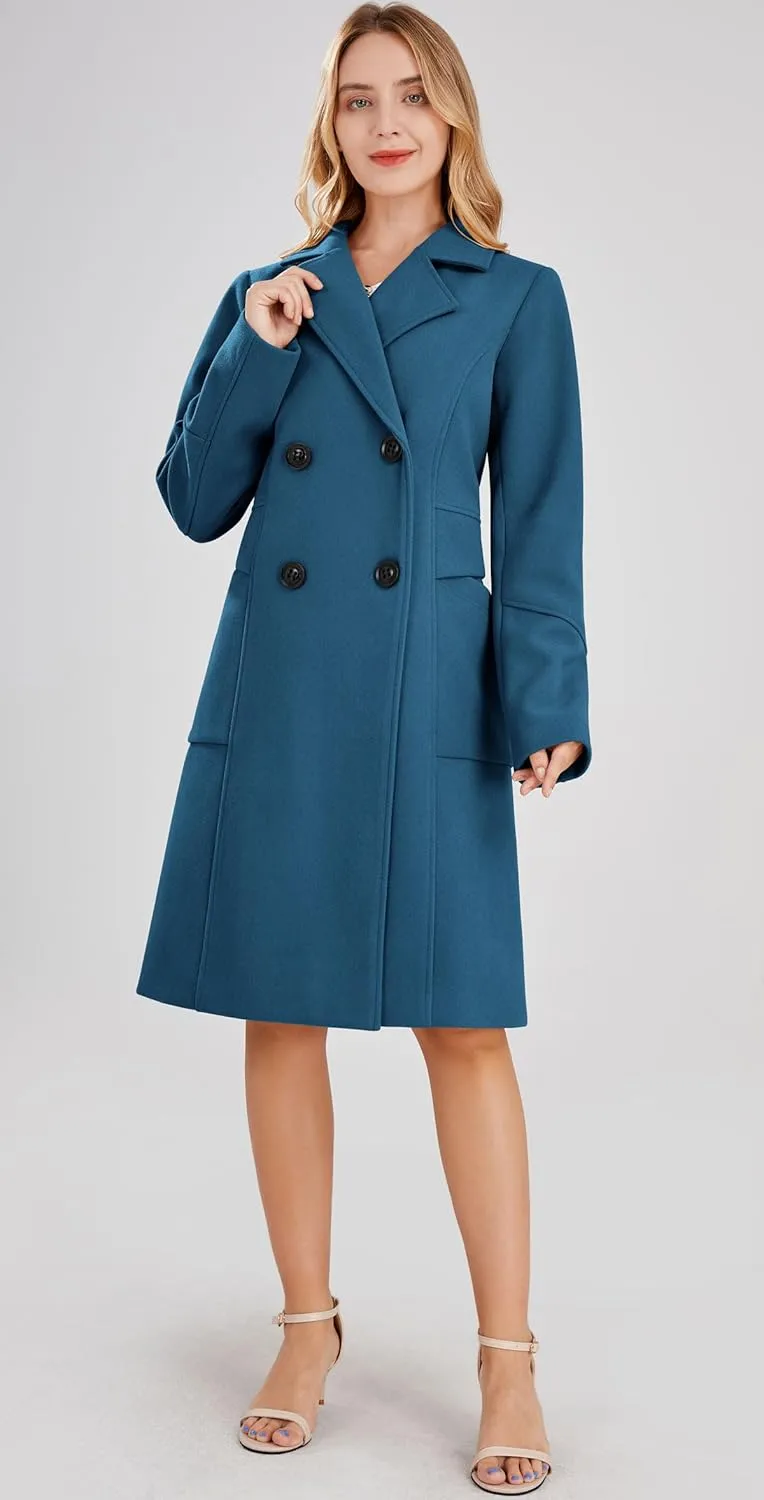 chouyatou Women's Basic Essential Double Breasted Mid-Long Wool Blend Pea Coat
