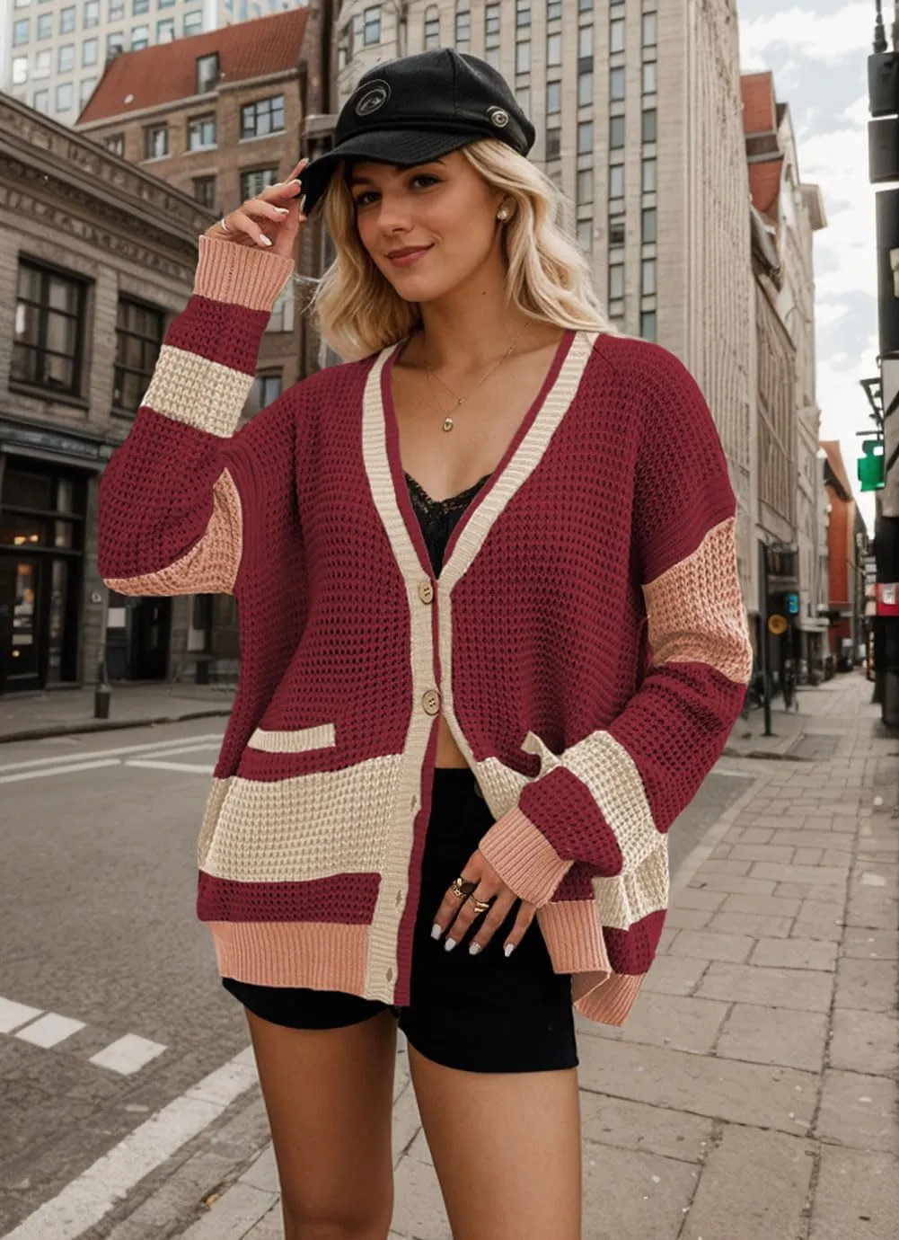 chouyatou Women's Fall Color Block Oversized Cardigan Sweater V-Neck Button Down Knit Cardigan Jacket