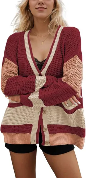 chouyatou Women's Fall Color Block Oversized Cardigan Sweater V-Neck Button Down Knit Cardigan Jacket