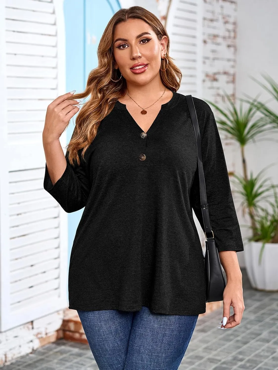 Chulianyouhuo Womens Plus Size 3/4 Sleeve Tops Casual V Neck Button Tee Shirts Basic Loose Fit Tunic Blouse