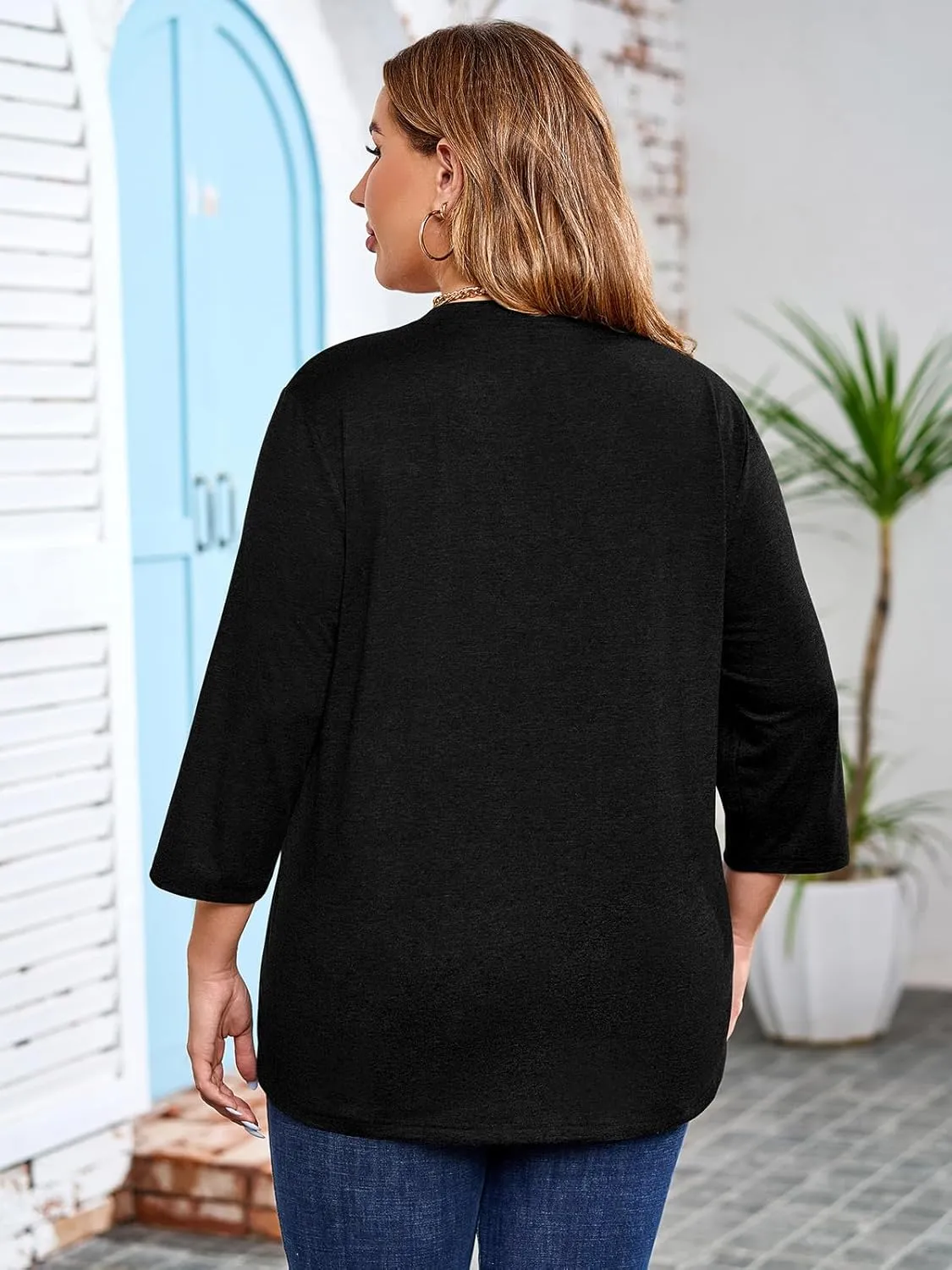 Chulianyouhuo Womens Plus Size 3/4 Sleeve Tops Casual V Neck Button Tee Shirts Basic Loose Fit Tunic Blouse