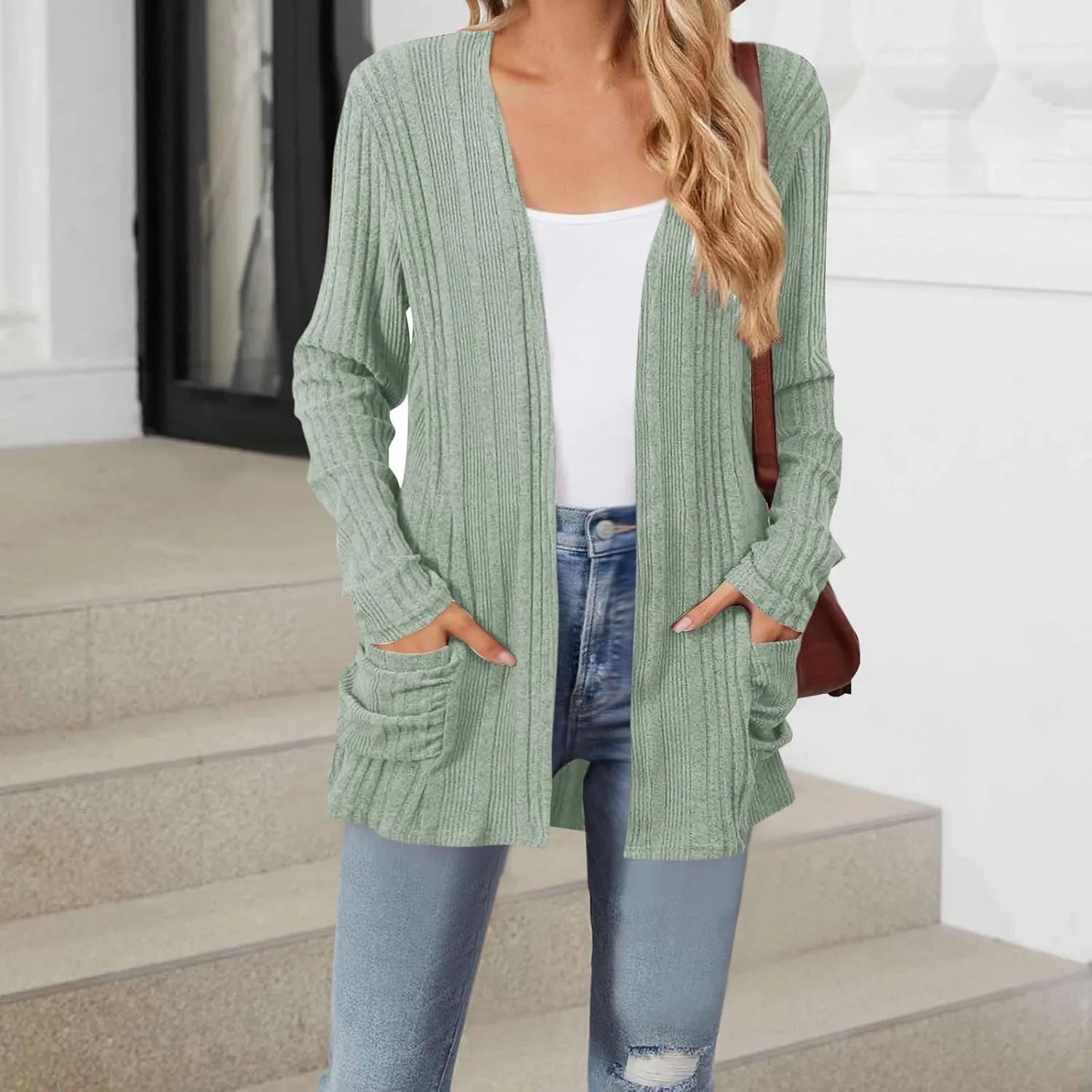 Chunky Cardigan Sweaters for Women Lightweight Open Front Knitted Cardigan Long Sleeve Outwear Coat with Pockets