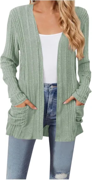 Chunky Cardigan Sweaters for Women Lightweight Open Front Knitted Cardigan Long Sleeve Outwear Coat with Pockets
