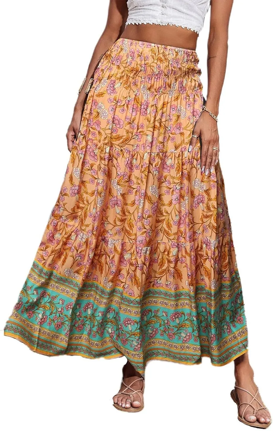 COTECRAM Maxi Skirts for Women 2025 Bohemian Long Skirts Pleated Flowy High Waist Casual A Line Floral Printed Summer Skirt