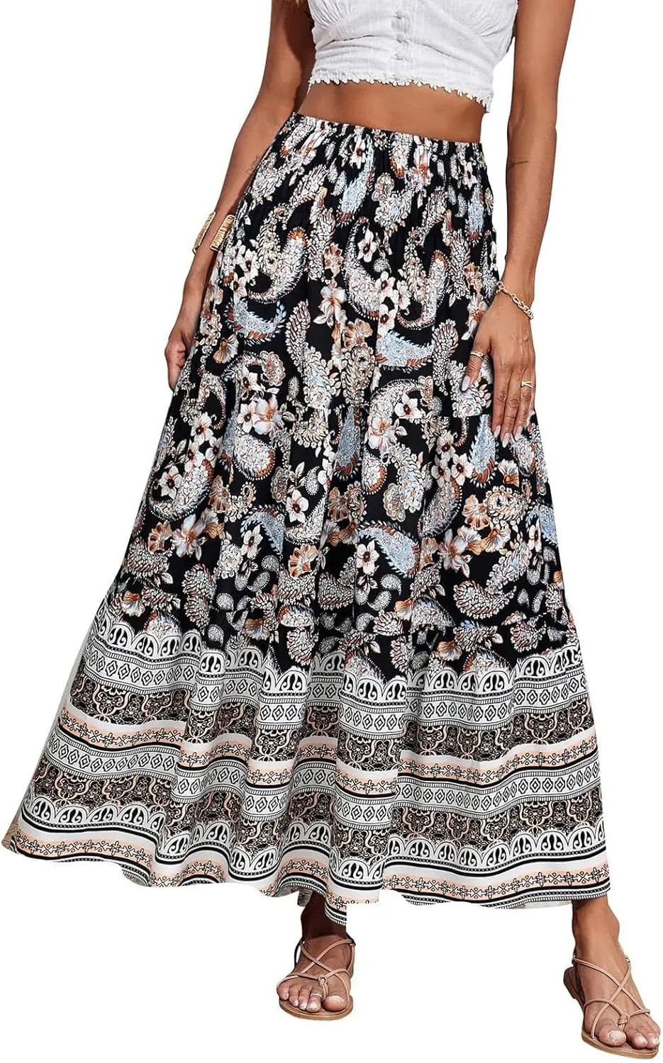 COTECRAM Maxi Skirts for Women 2025 Bohemian Long Skirts Pleated Flowy High Waist Casual A Line Floral Printed Summer Skirt