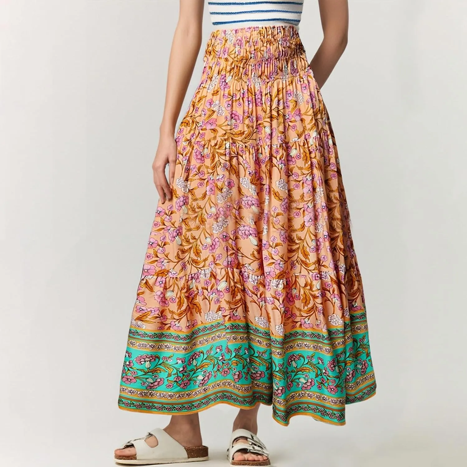 COTECRAM Maxi Skirts for Women 2025 Bohemian Long Skirts Pleated Flowy High Waist Casual A Line Floral Printed Summer Skirt